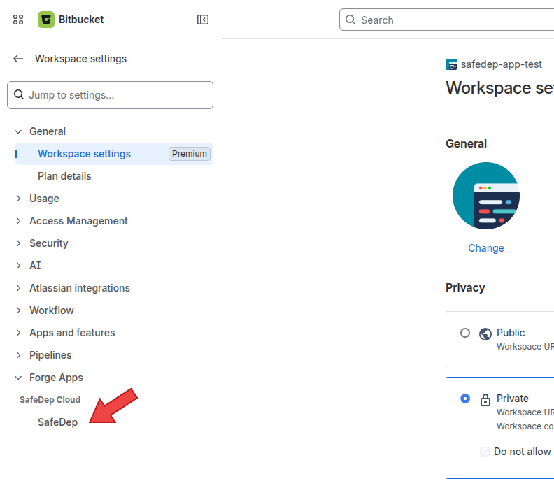 SafeDep entry under Forge Apps in the Bitbucket workspace settings sidebar