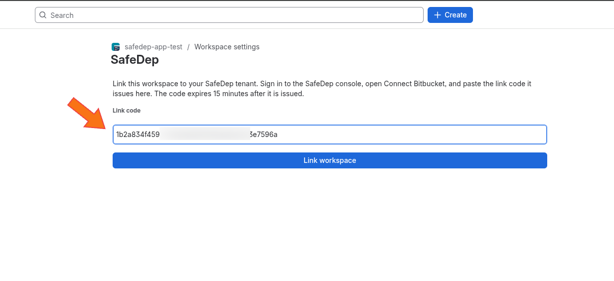 SafeDep page in Bitbucket workspace settings with the link code pasted