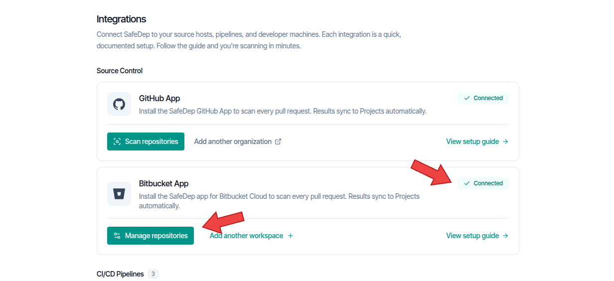 Bitbucket App card in the SafeDep console, connected, with the Manage repositories button