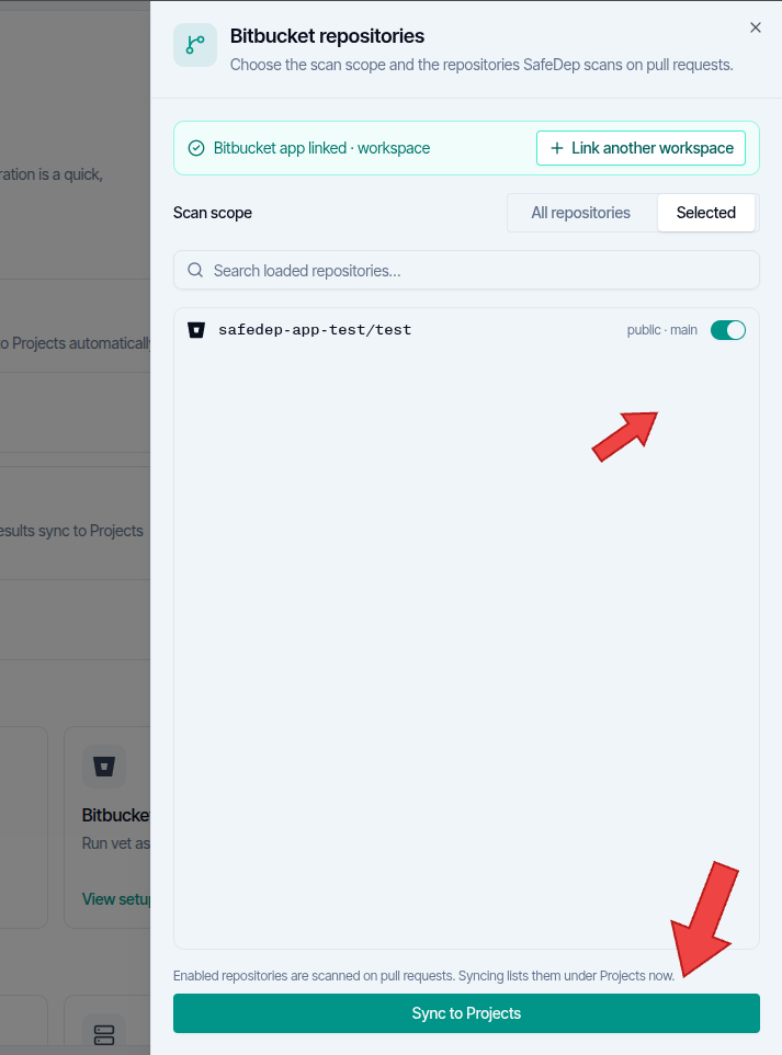 Bitbucket repositories panel with the scan scope and per repository toggles