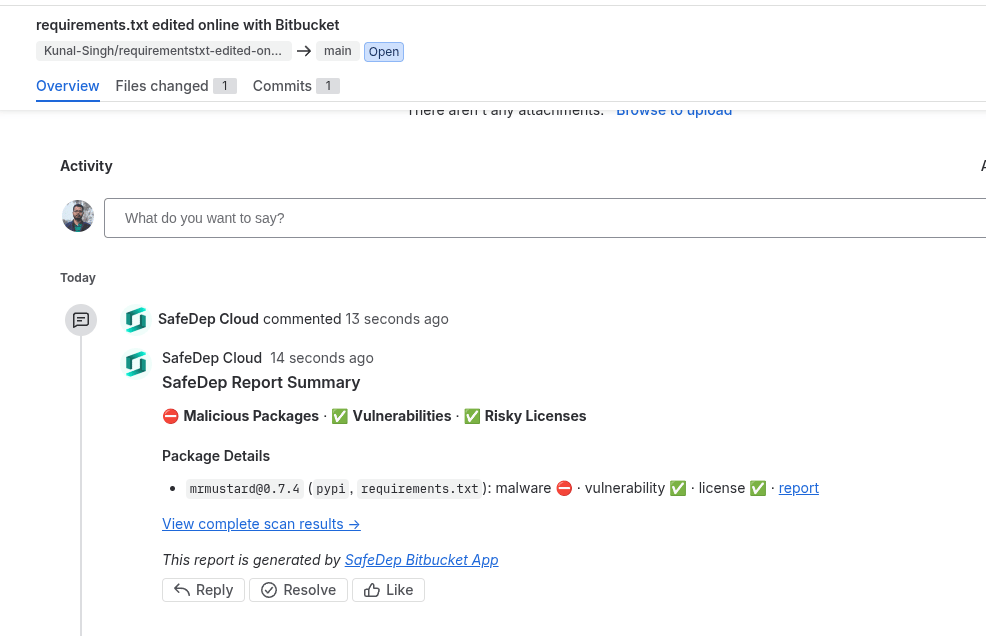 Comment from the SafeDep app on a Bitbucket pull request with the report summary and package details