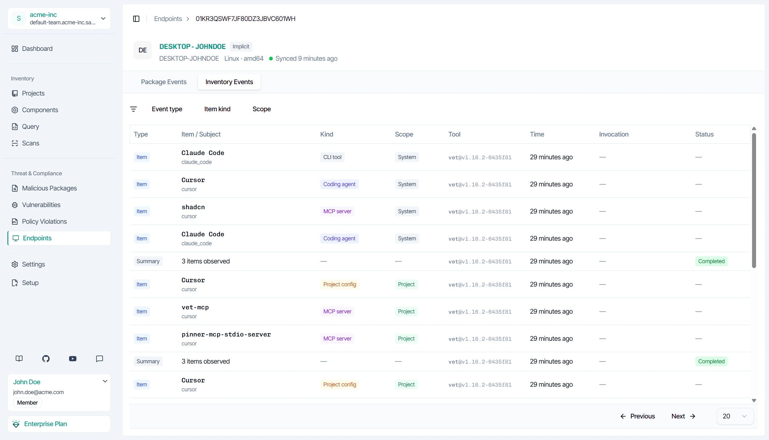 SafeDep Cloud Endpoint Hub Inventory tab