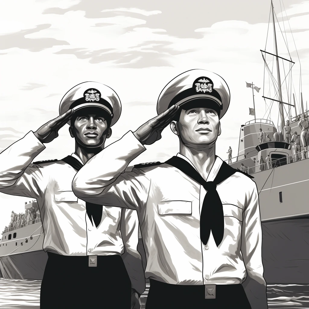 Soldiers saluting in front of a ship