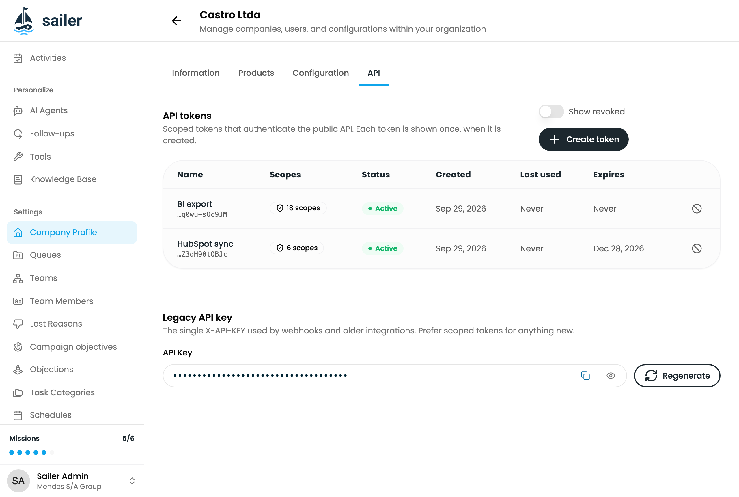The API tab, listing two active tokens above the legacy API key