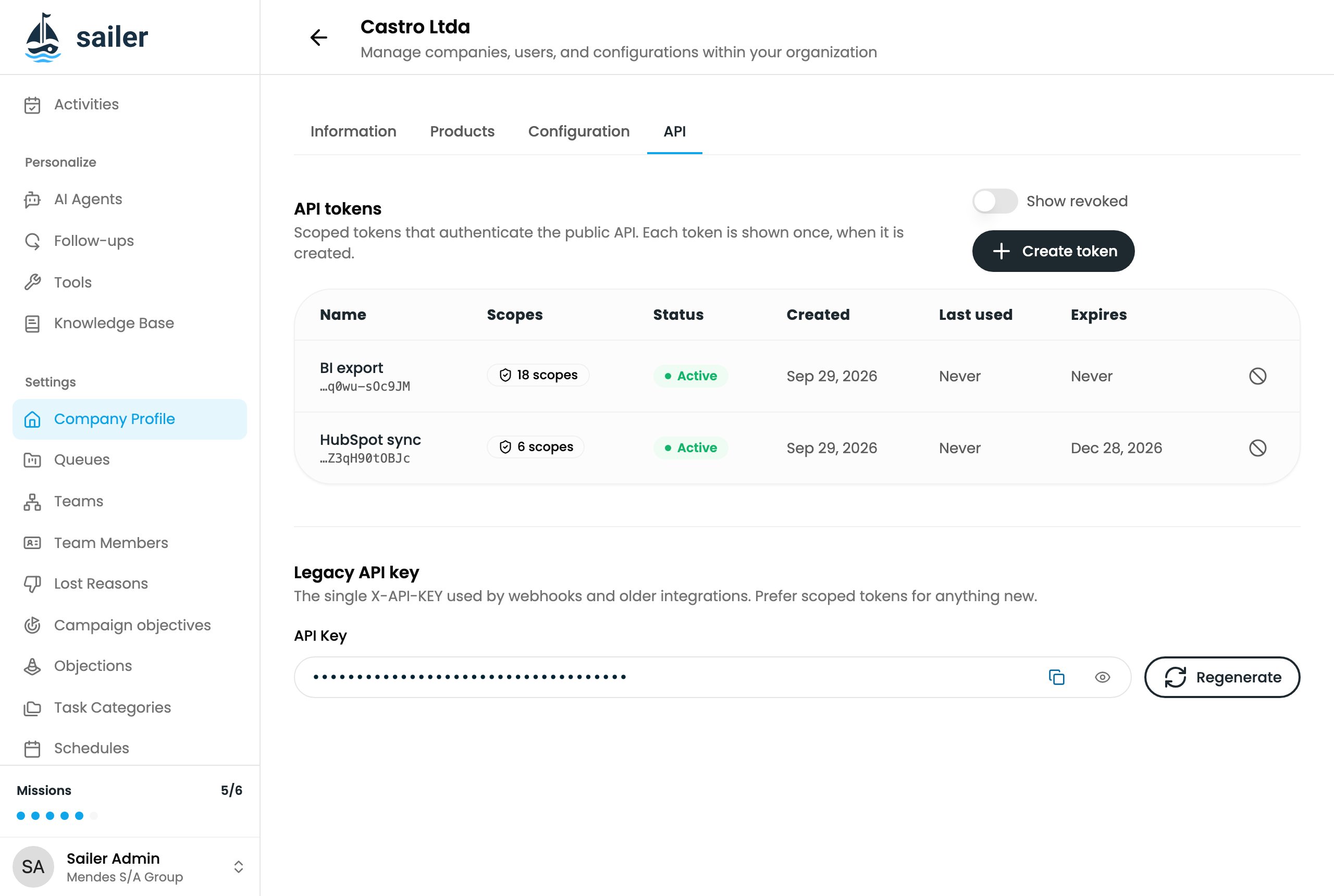 The API tab, listing two active tokens above the legacy API key