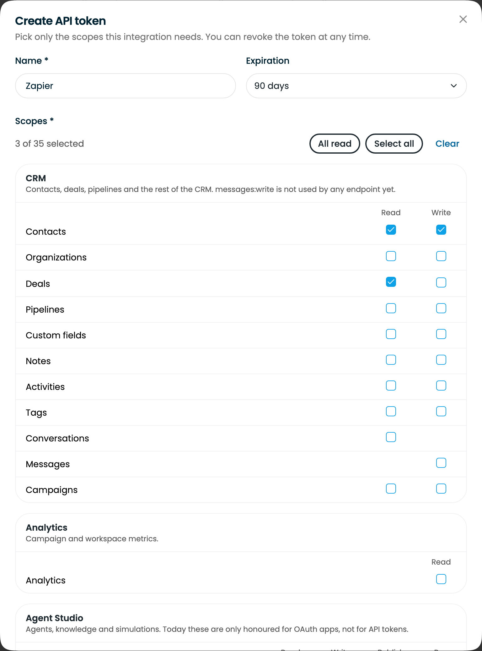 The Create API token dialog with a name, a 90-day expiry and three scopes selected