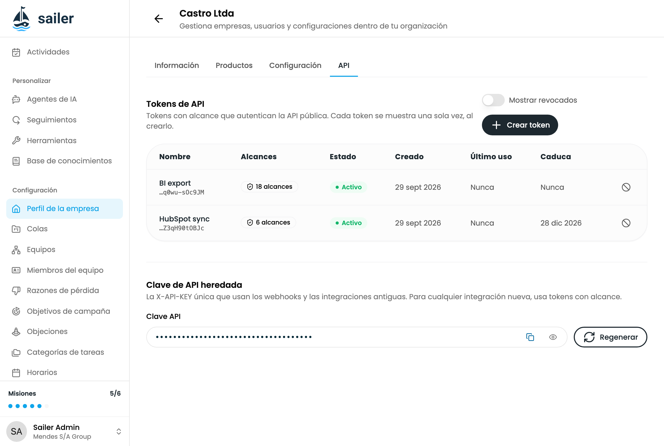 La pestaña API, con dos tokens activos encima de la clave de API heredada
