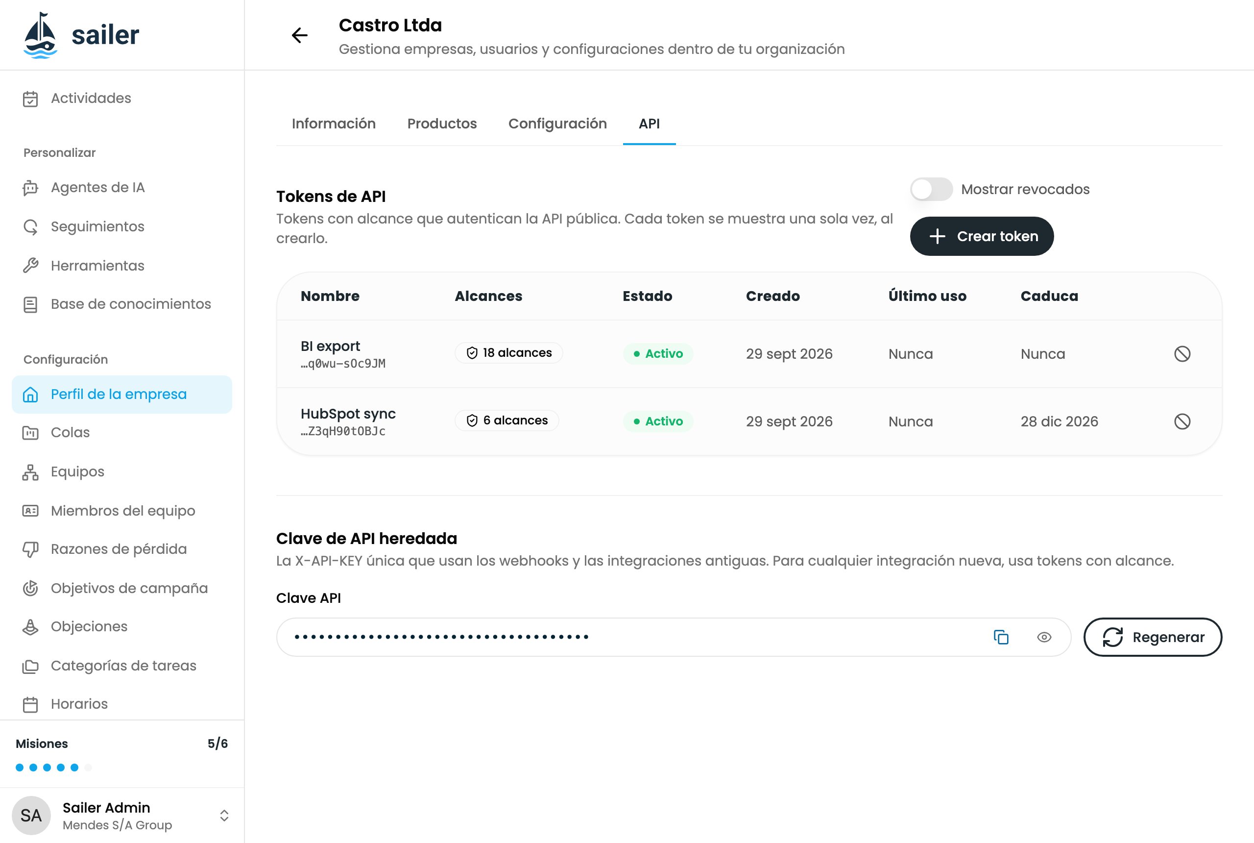 La pestaña API, con dos tokens activos encima de la clave de API heredada