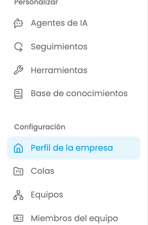 El elemento Perfil de la empresa en Configuración, en la barra lateral de Sailer