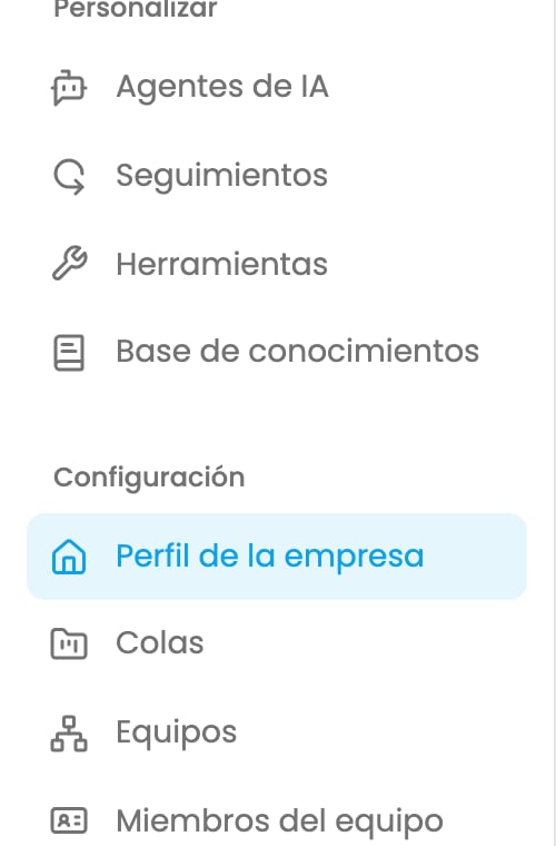 El elemento Perfil de la empresa en Configuración, en la barra lateral de Sailer
