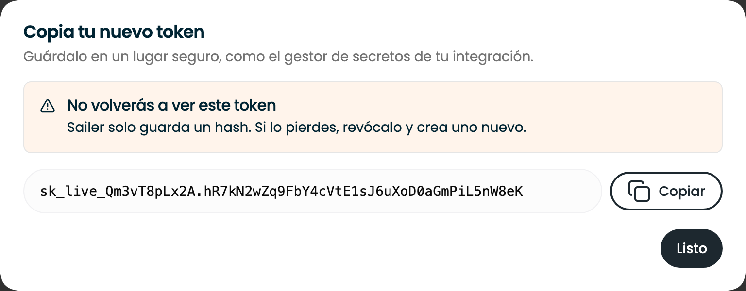 La única vez que se muestra un token nuevo, con un botón Copiar y un aviso de que no se volverá a mostrar