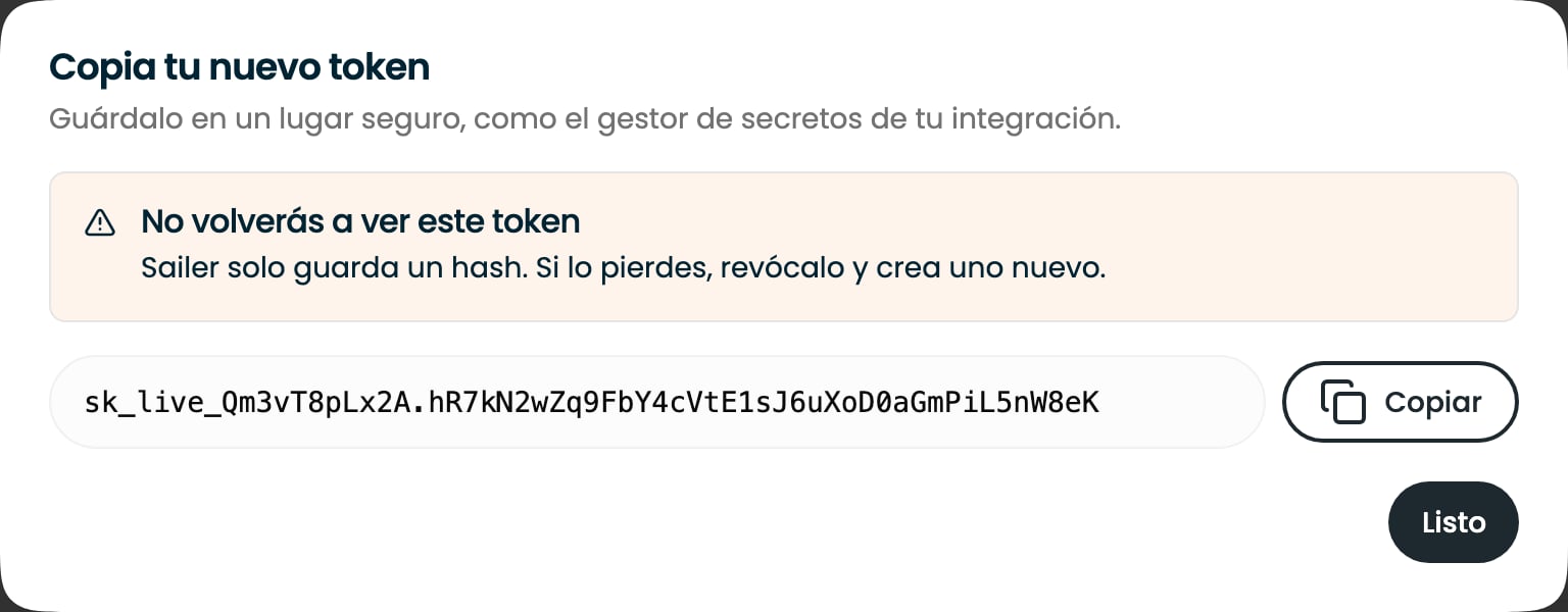 La única vez que se muestra un token nuevo, con un botón Copiar y un aviso de que no se volverá a mostrar