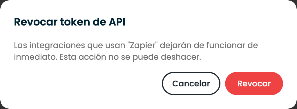 La confirmación Revocar token de API
