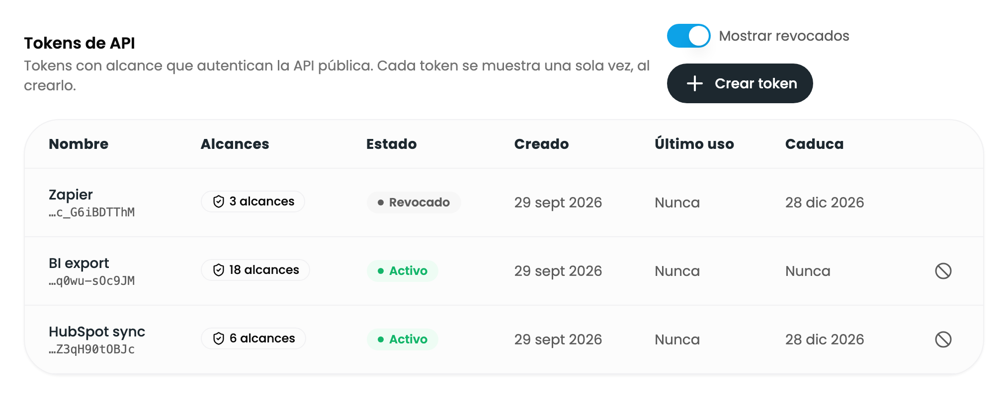 La lista de tokens con Mostrar revocados activado: un token revocado y dos activos