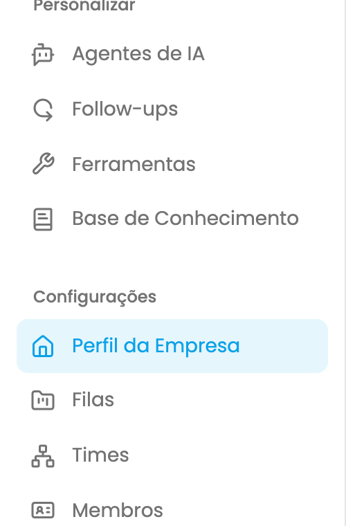O item Perfil da Empresa em Configurações, na barra lateral da Sailer