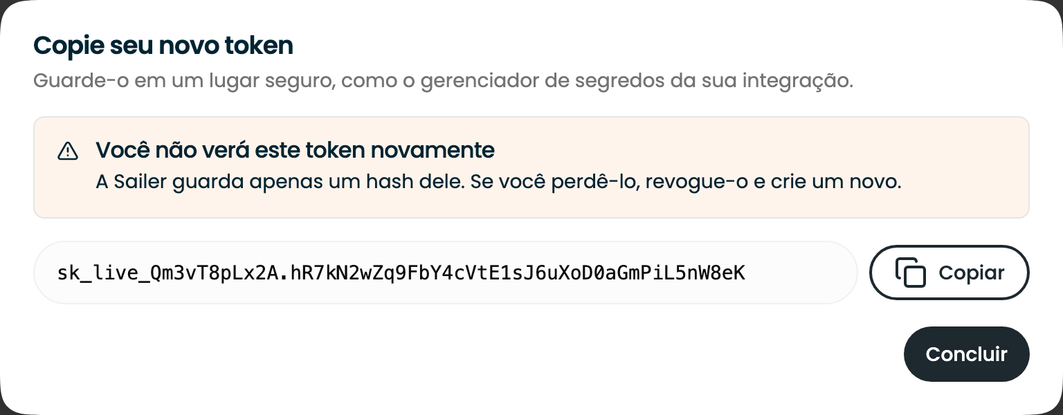 A única exibição de um token novo, com um botão Copiar e um aviso de que ele não será mostrado de novo