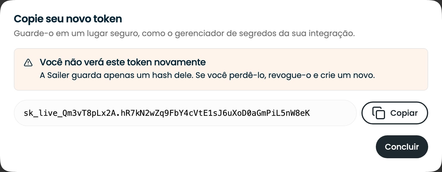 A única exibição de um token novo, com um botão Copiar e um aviso de que ele não será mostrado de novo