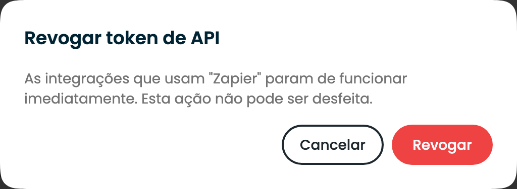 A confirmação Revogar token de API