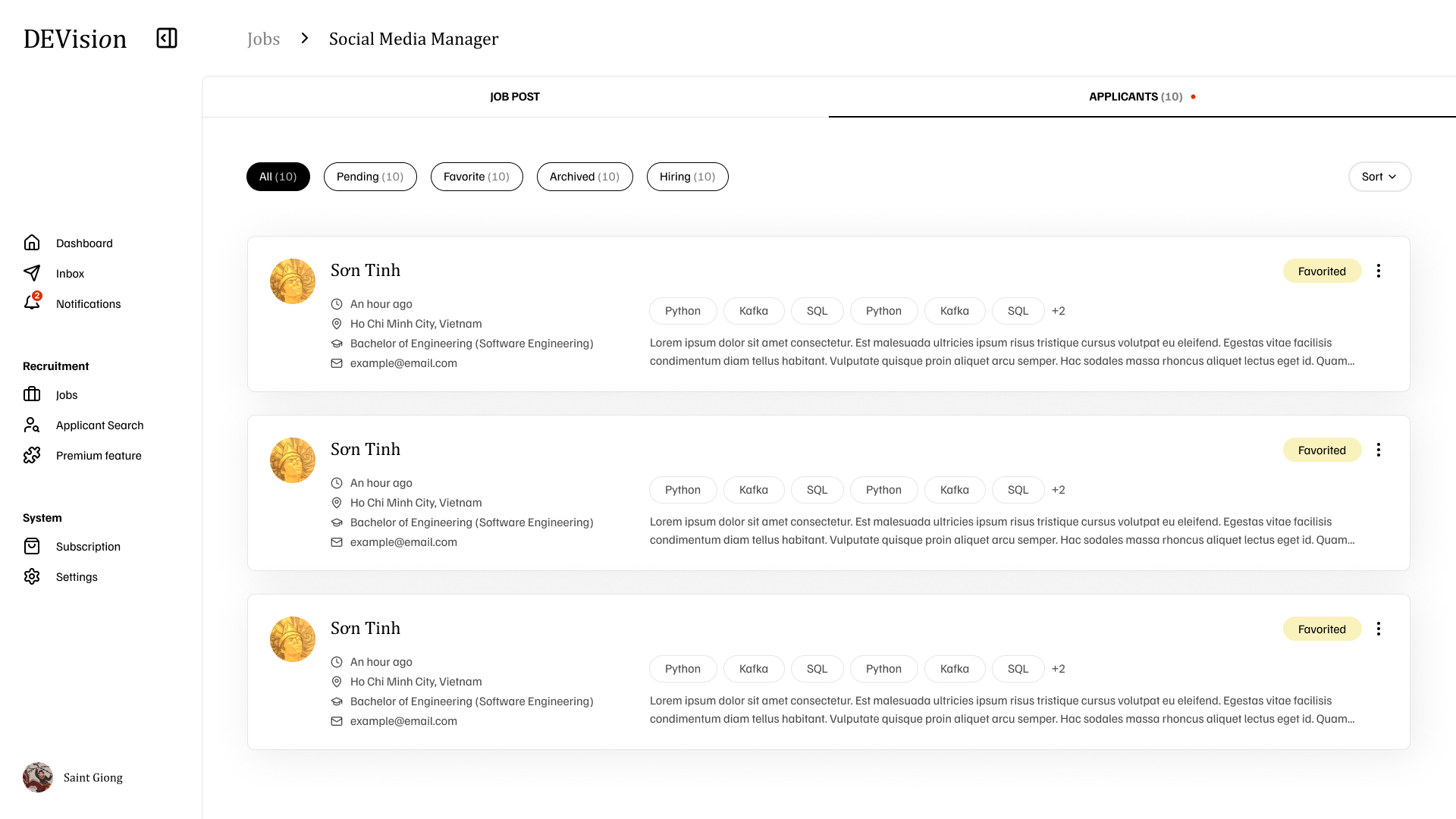 Applicants list view
