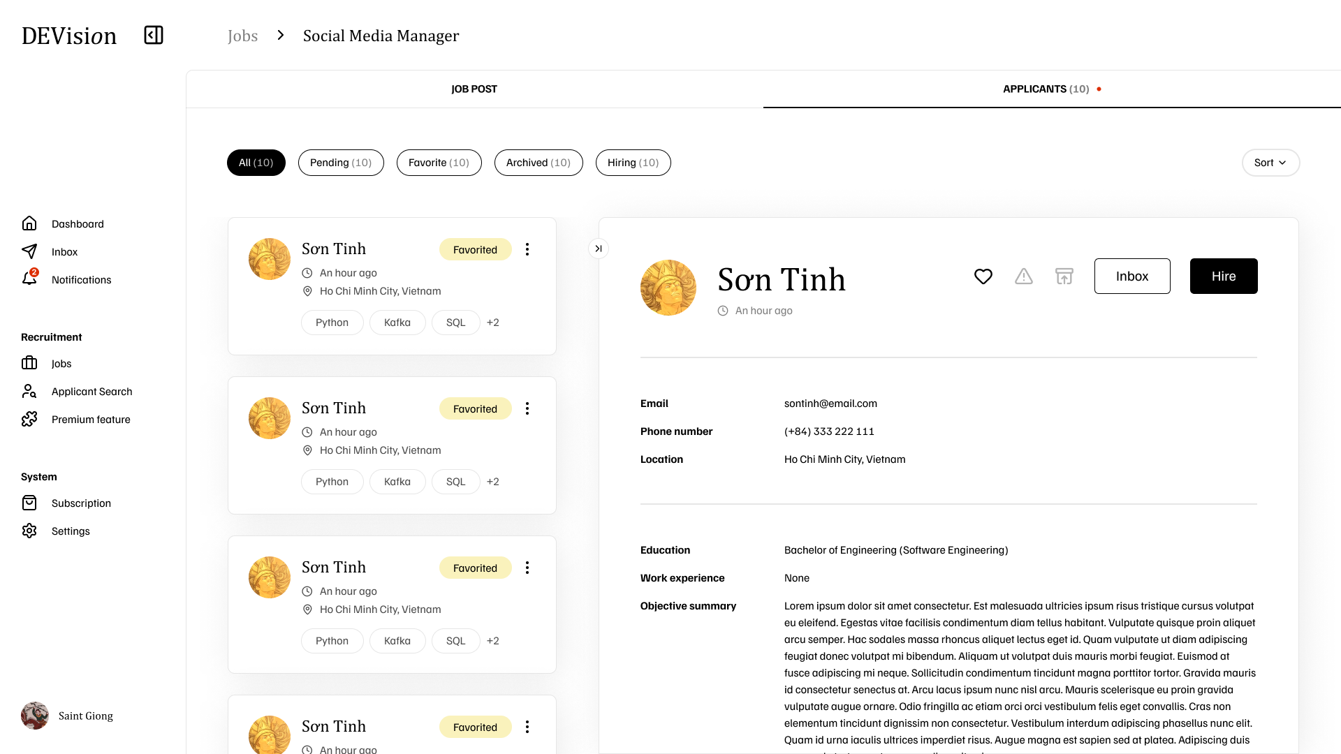 Applicant detail panel