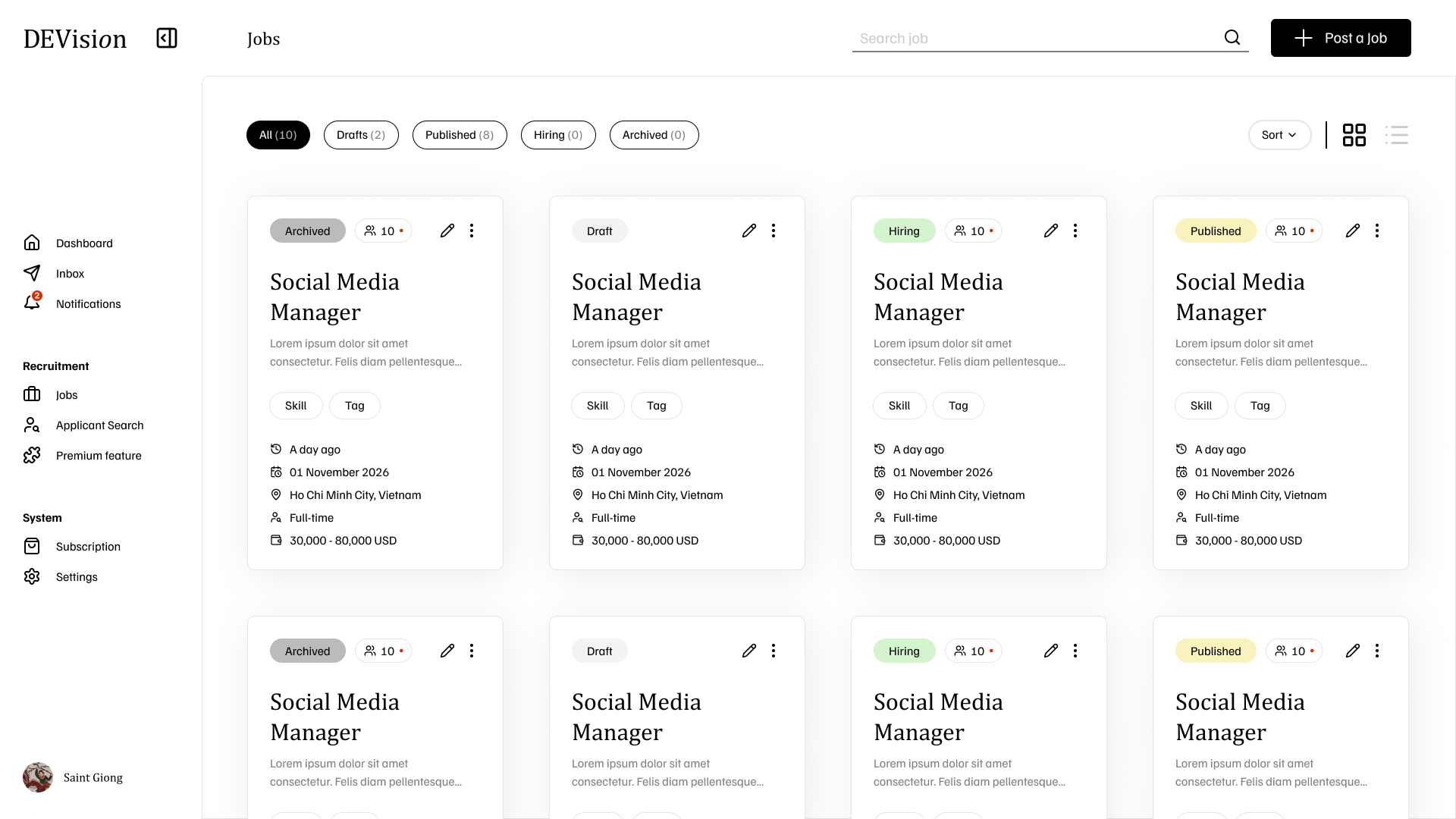 Jobs list with status filters