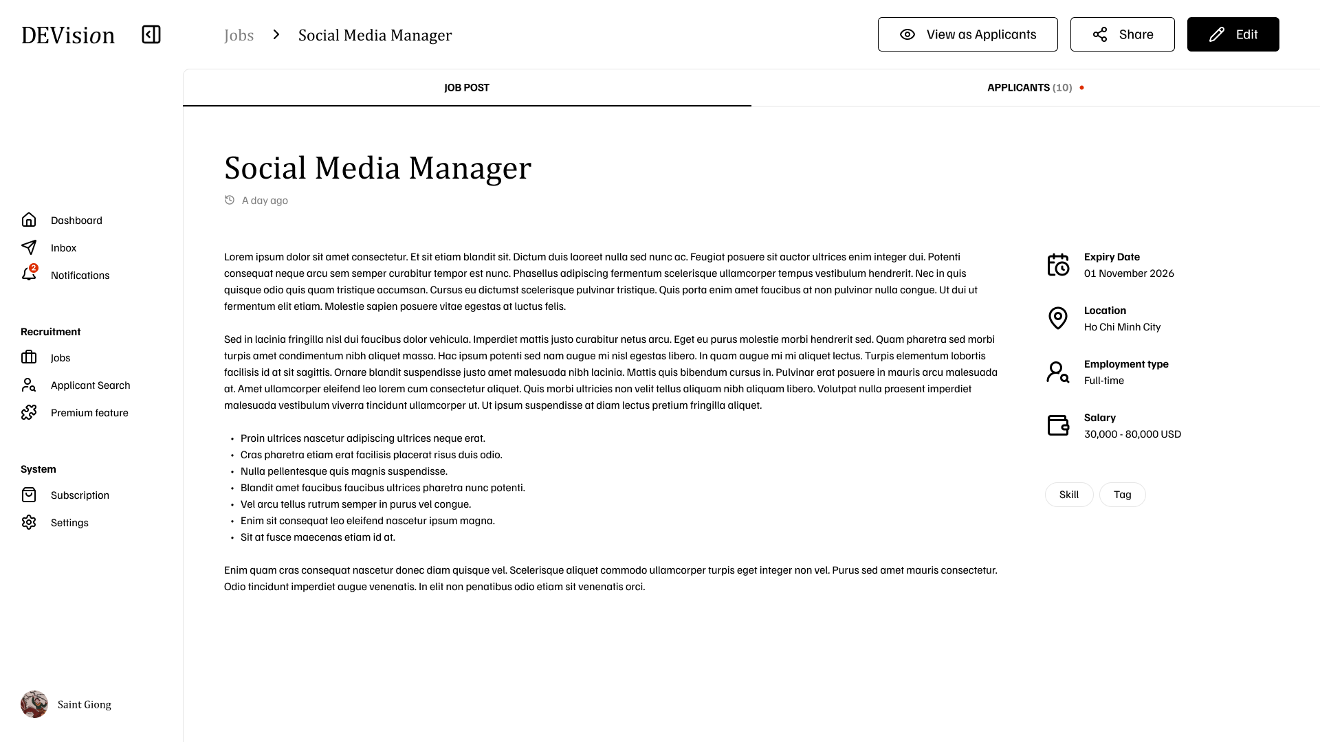 Job post detail view