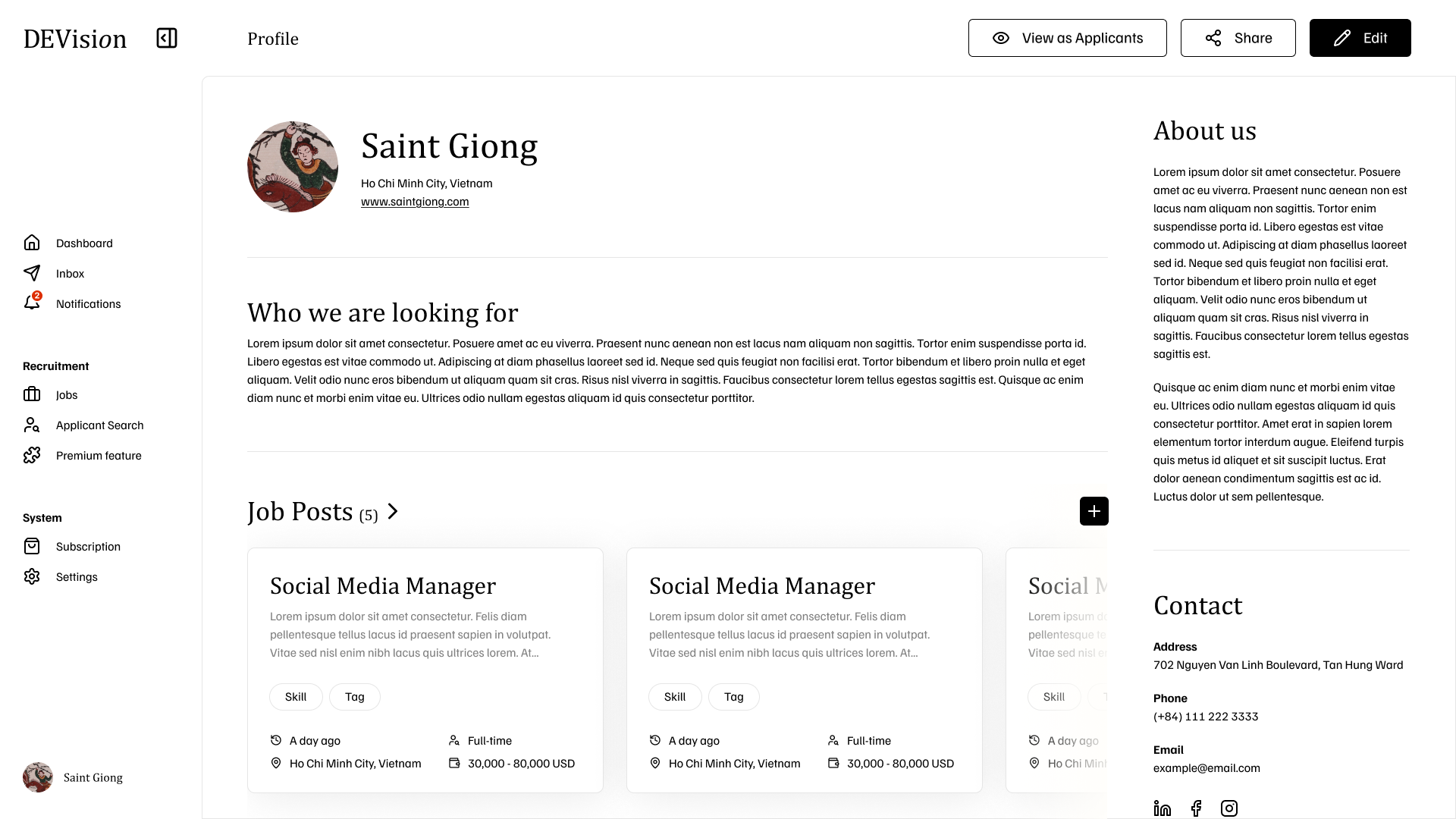 Public company profile view