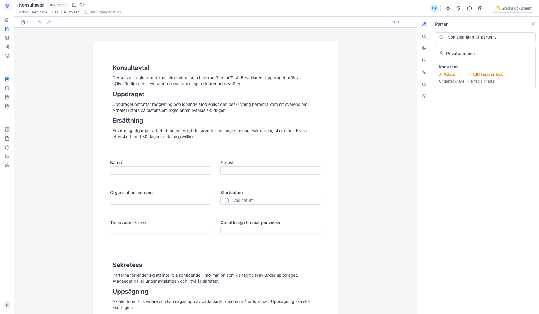 Det nya dokumentet i redigeraren med parten Konsulten som saknar e-post