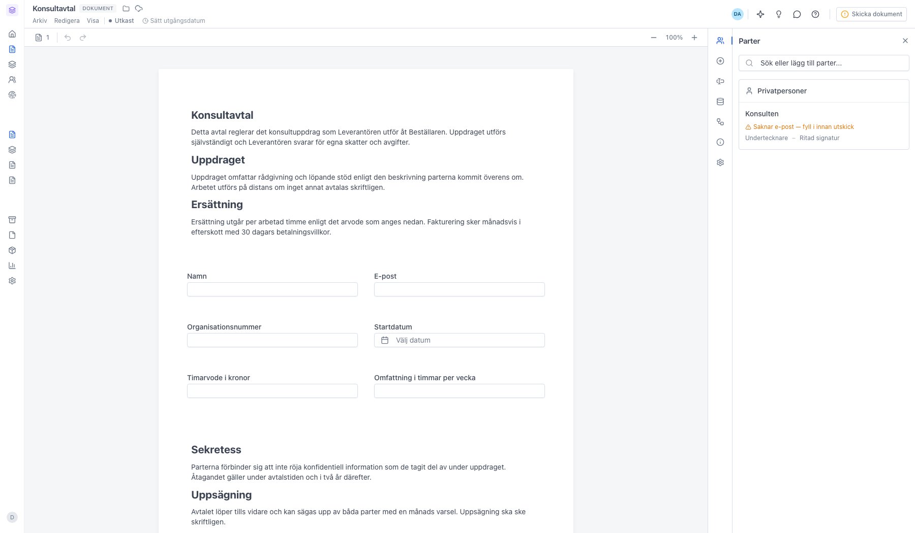 Det nya dokumentet i redigeraren med parten Konsulten som saknar e-post