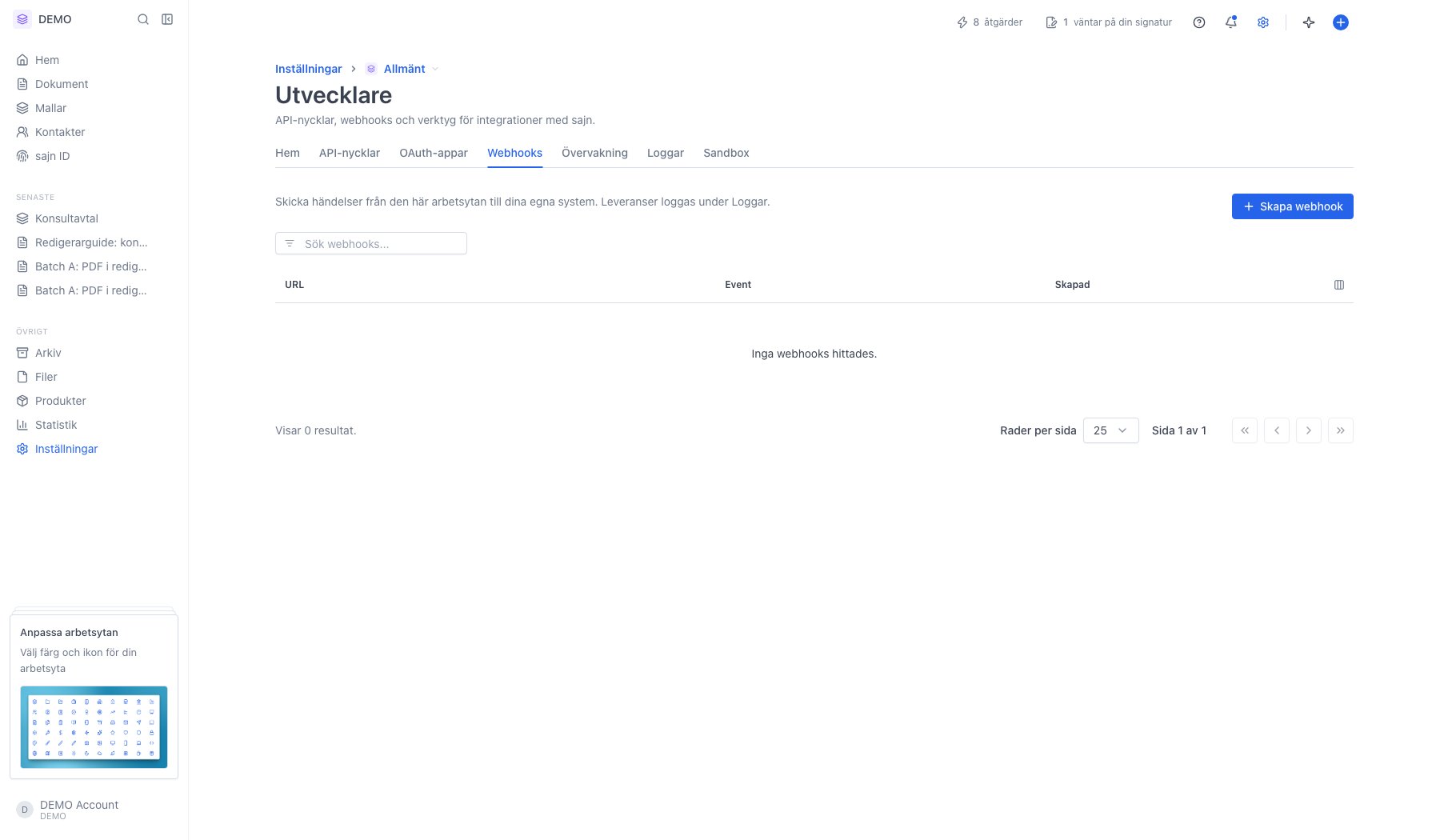 Fliken Webhooks med tom tabell och knappen Skapa webhook