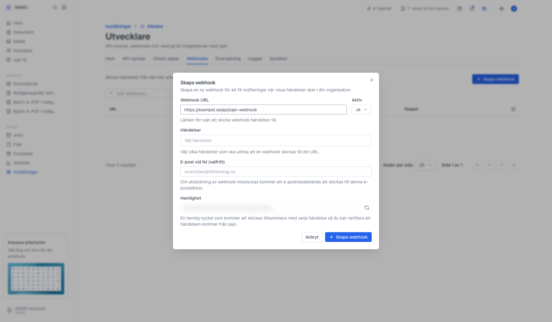 Dialogen Skapa webhook med URL, händelser, felmejl och hemlighet. Hemligheten är maskad
