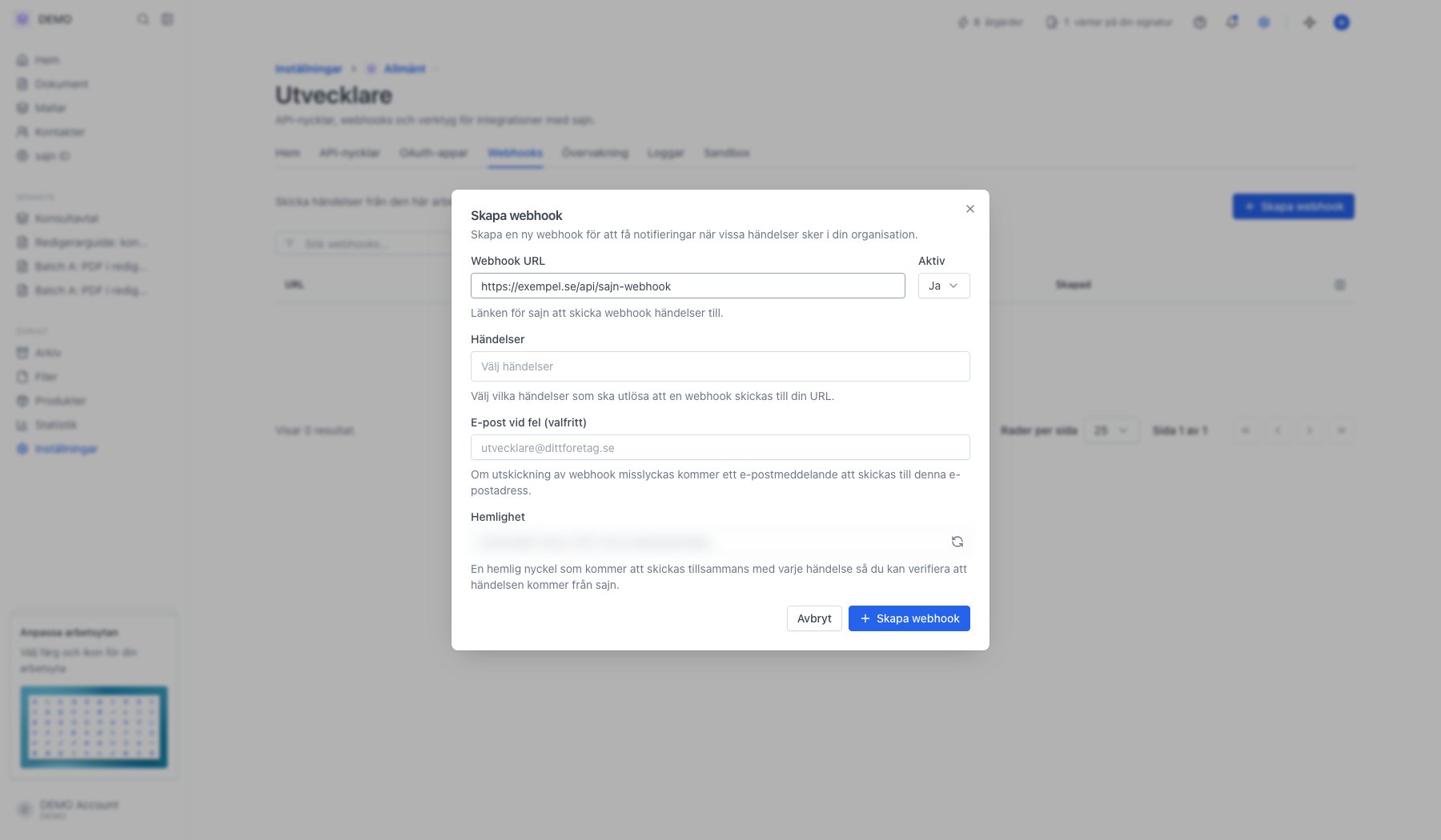 Dialogen Skapa webhook med URL, händelser, felmejl och hemlighet. Hemligheten är maskad