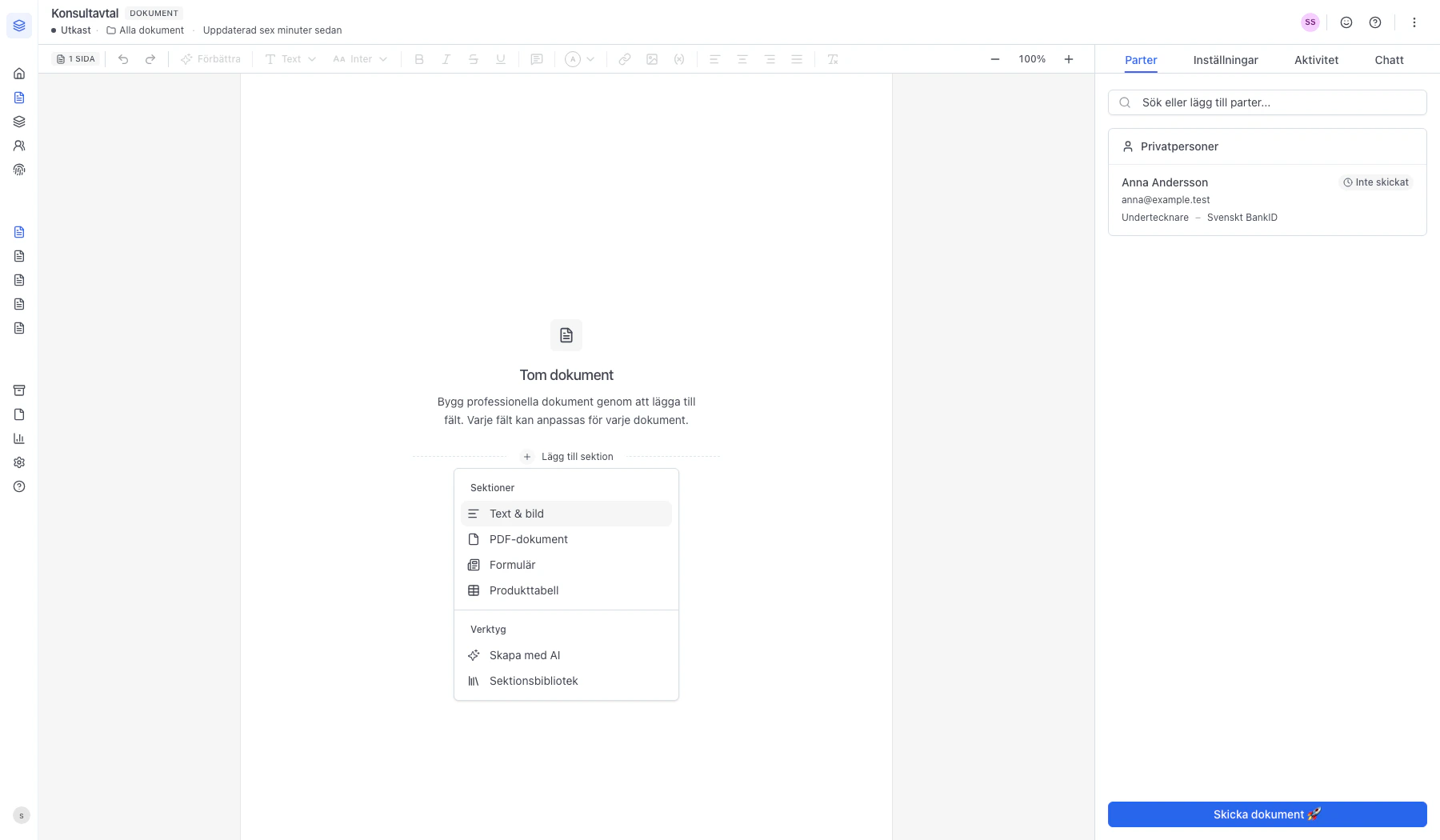 Sektionsmenyn öppen med valet PDF-dokument