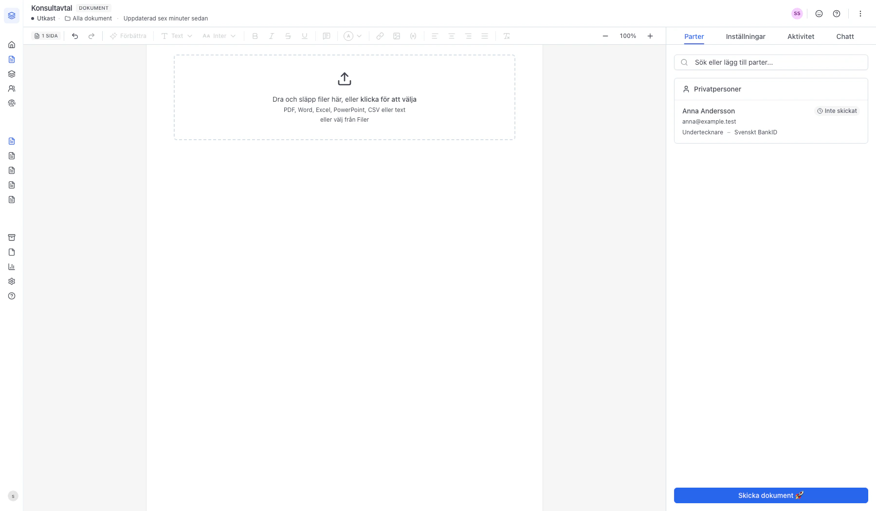 Tom PDF-sektion med uppladdningsruta för att dra och släppa filen