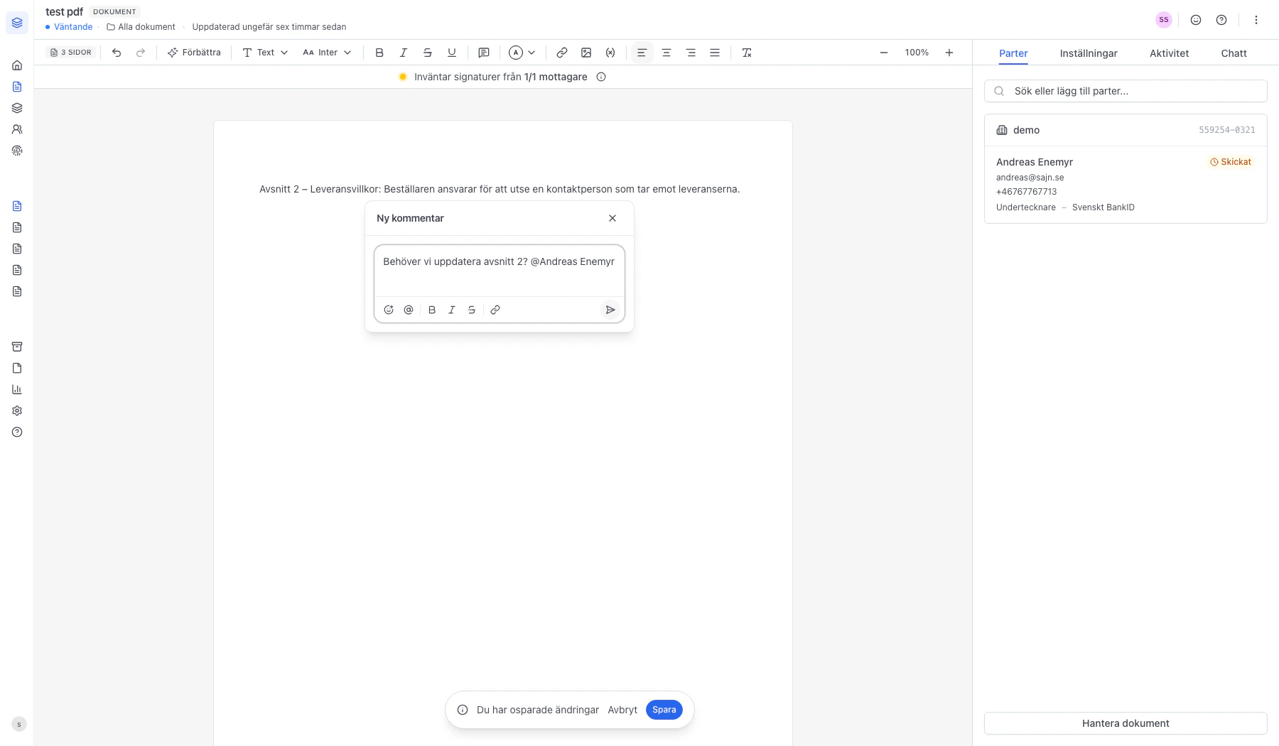 Omnämnande infogat i kommentaren och redo att skickas
