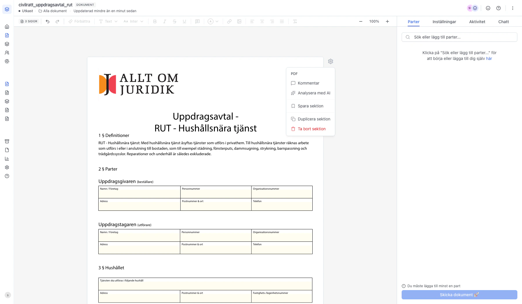 Sektionsmenyn öppen med valet Analysera med AI