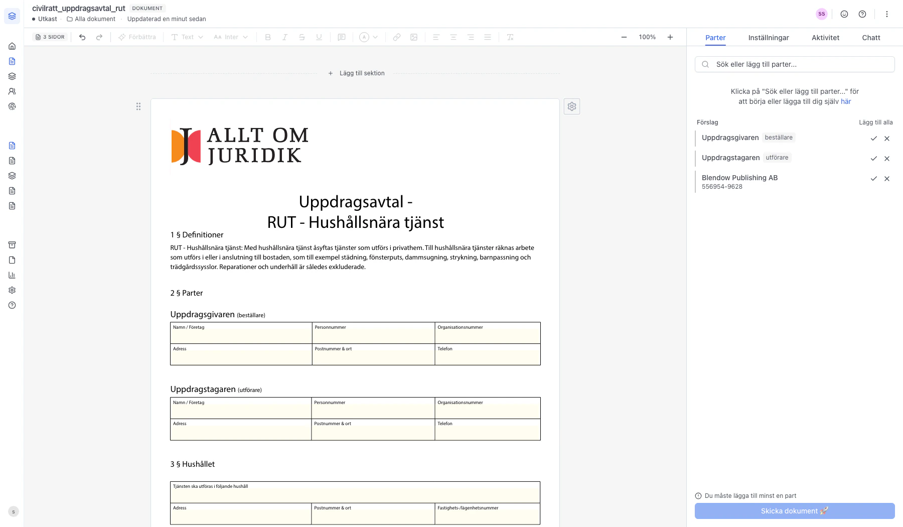 Sidopanelen med AI-förslag på parter och titel