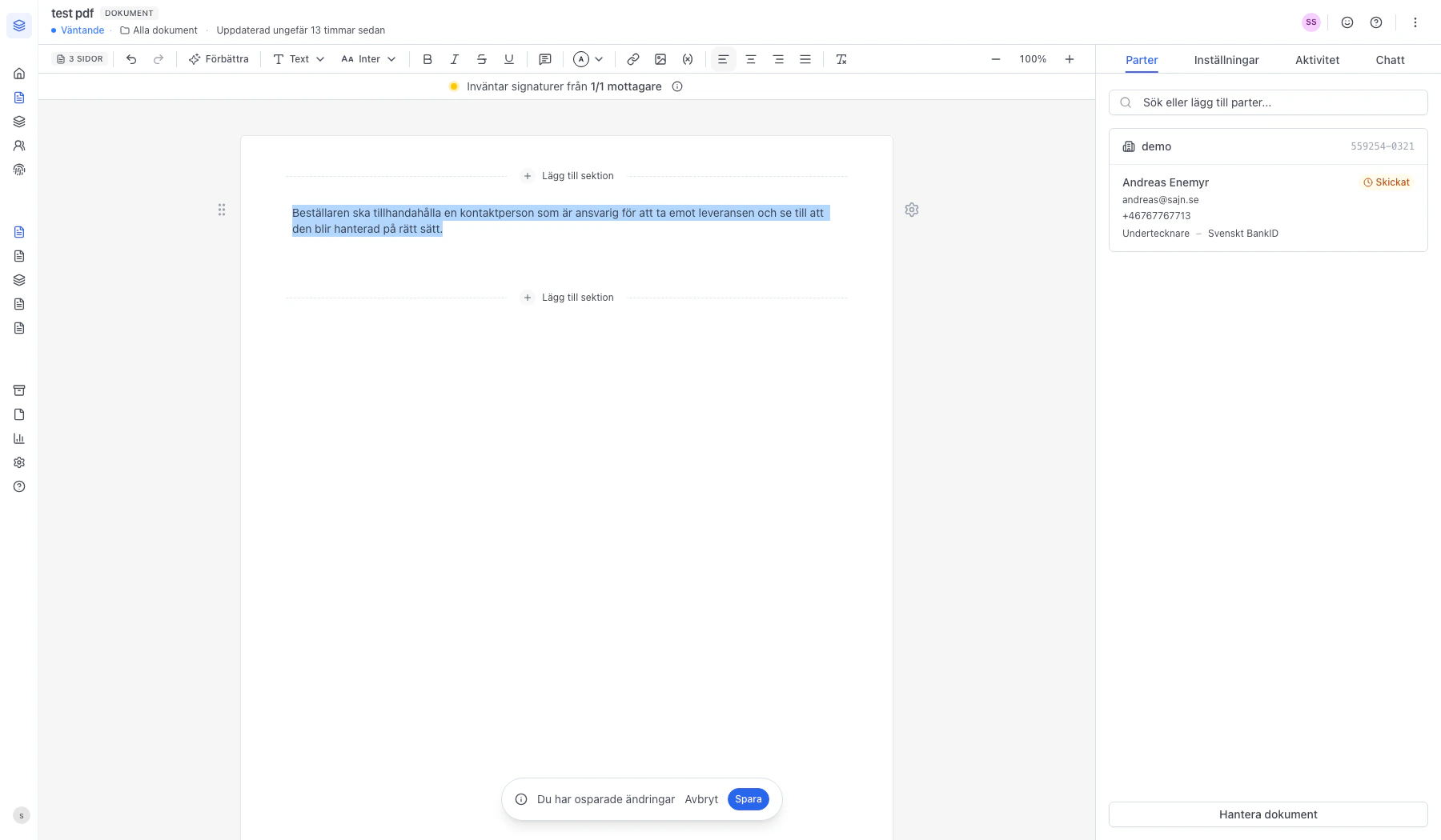 Markerad text i dokumentet med Förbättra-knappen aktiv
