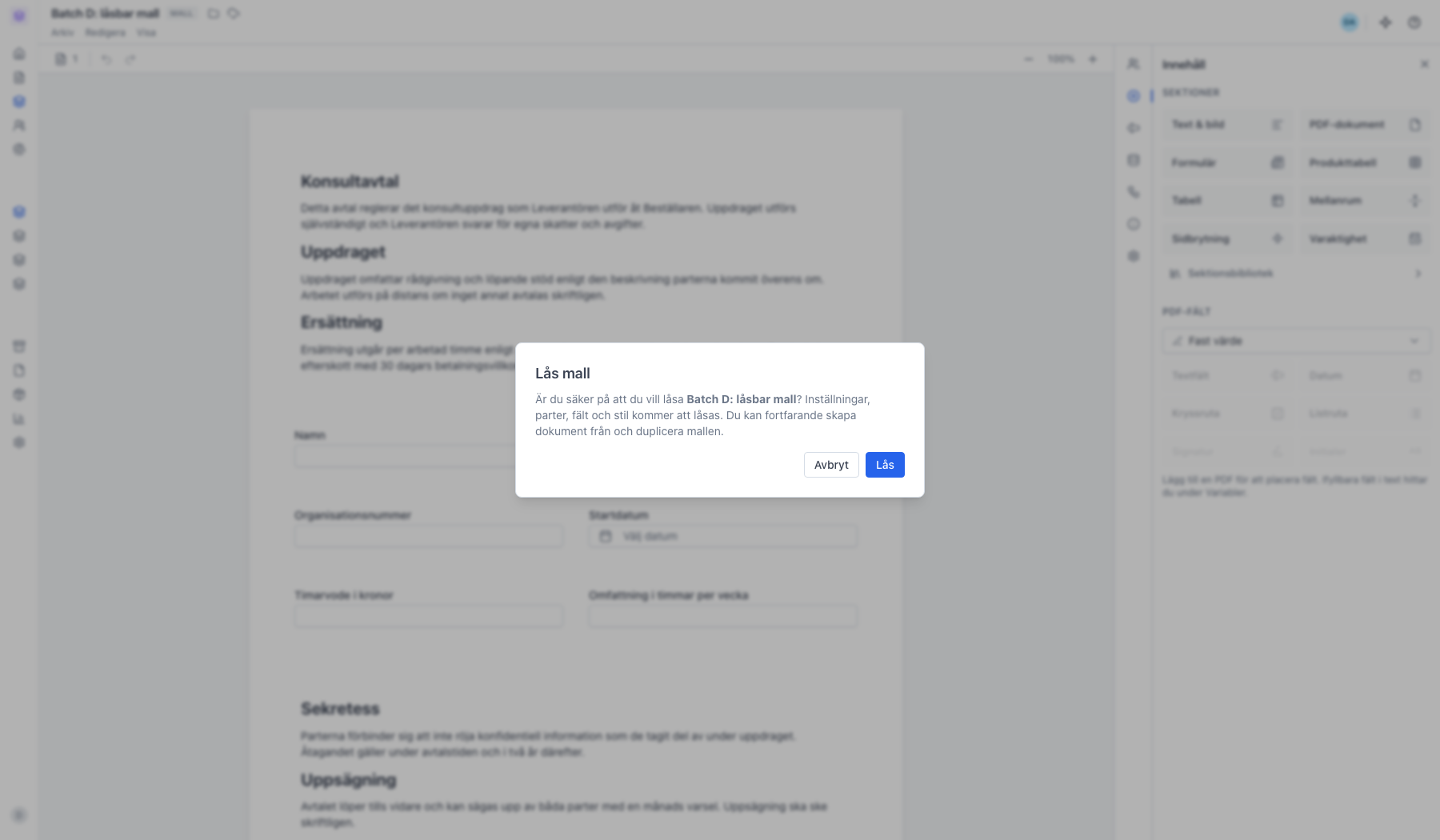 Bekräftelsedialogen Lås mall