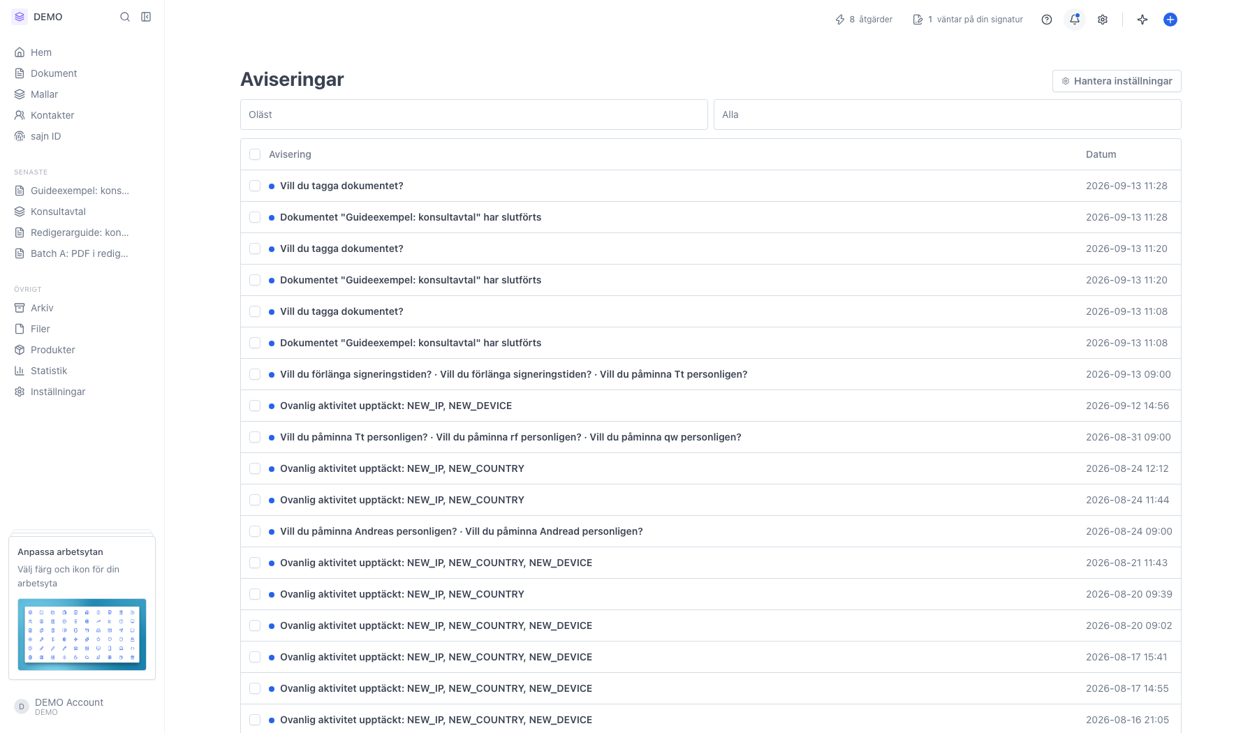 Aviseringssidan med filter, tabell och paginering