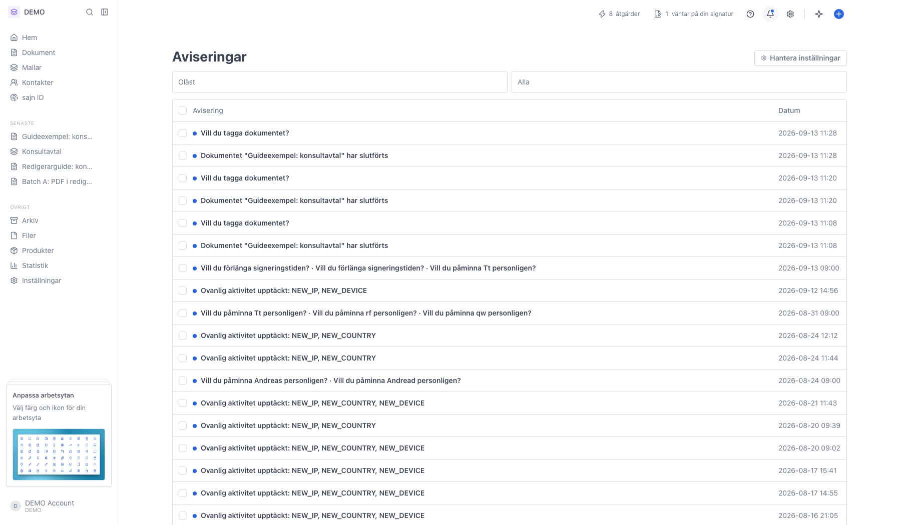 Aviseringssidan med filter, tabell och paginering