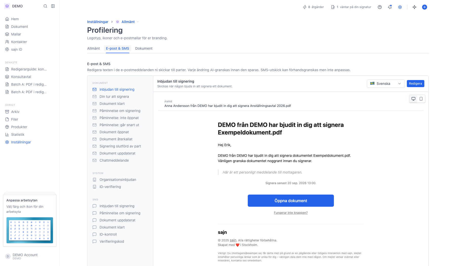 Fliken E-post och SMS med mallista och förhandsvisning