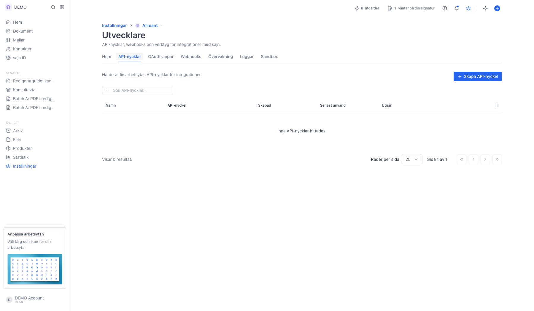Fliken API-nycklar med tabell och knappen Skapa API-nyckel