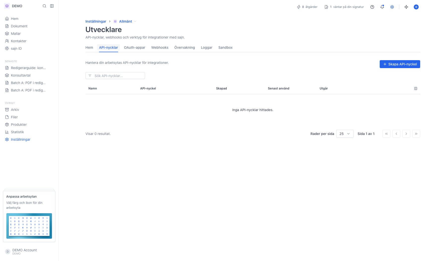 Fliken API-nycklar med tabell och knappen Skapa API-nyckel