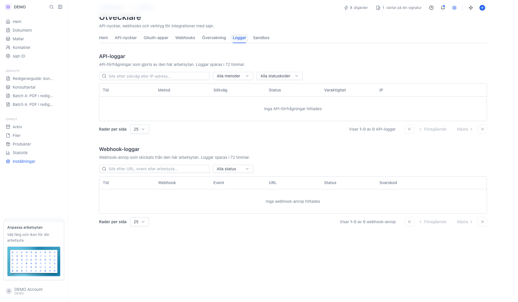 Fliken Loggar med API-loggar överst och webhook-loggar under