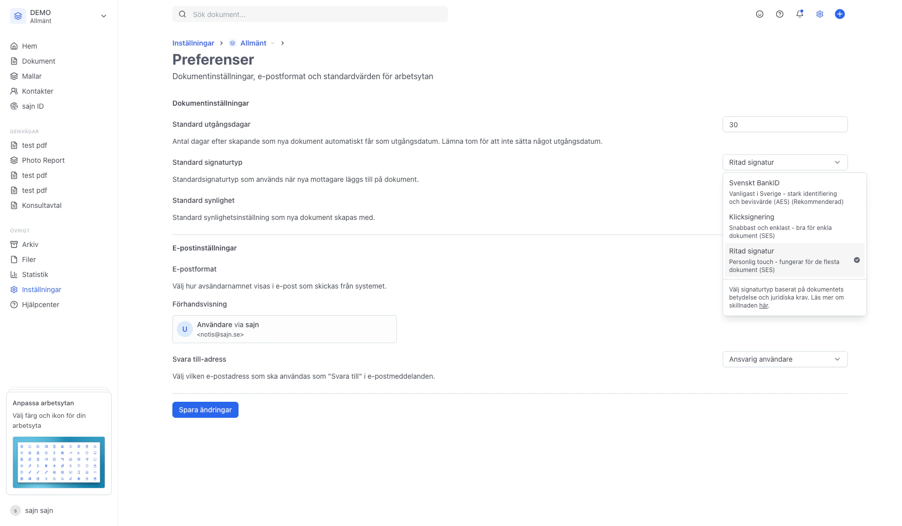 Väljaren med de tre signaturtyperna BankID, Klicksignering och Ritad signatur