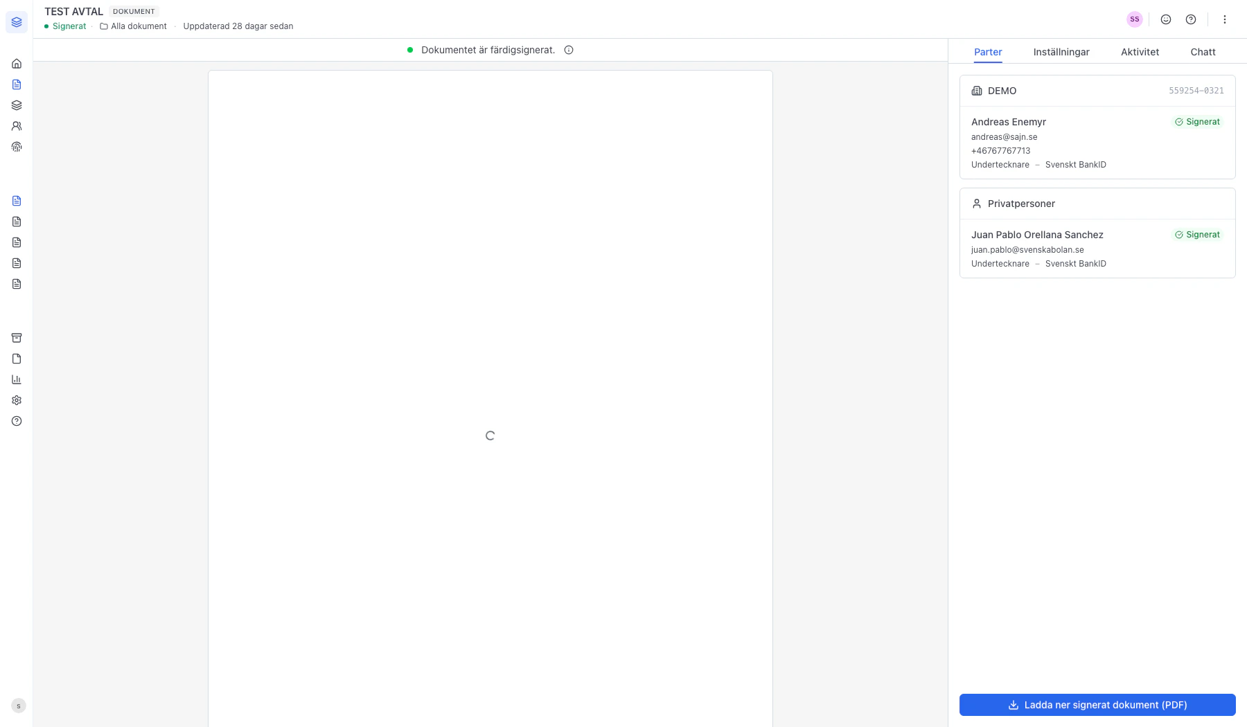 Dokumentet öppet med fliken Parter och statusbrickor i höger sidopanel