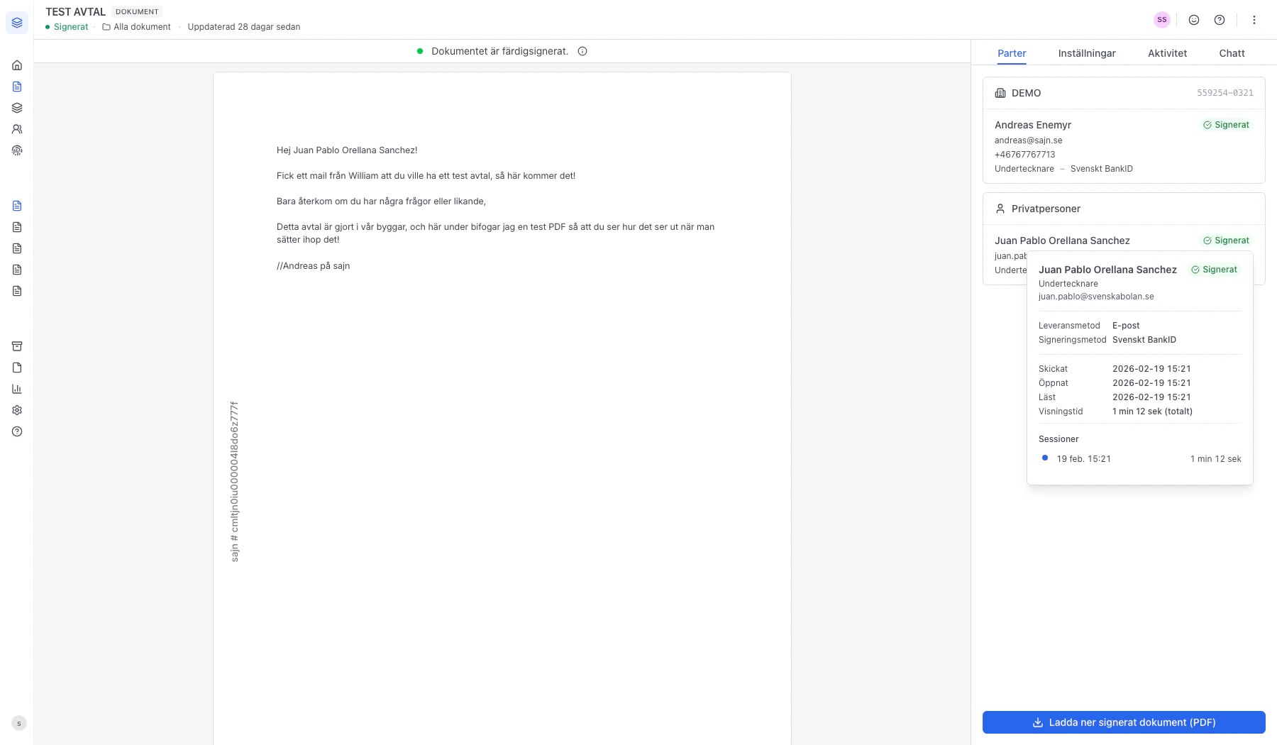 Detaljpanelen för en mottagare med tidslinje och Replay-länkar för varje session