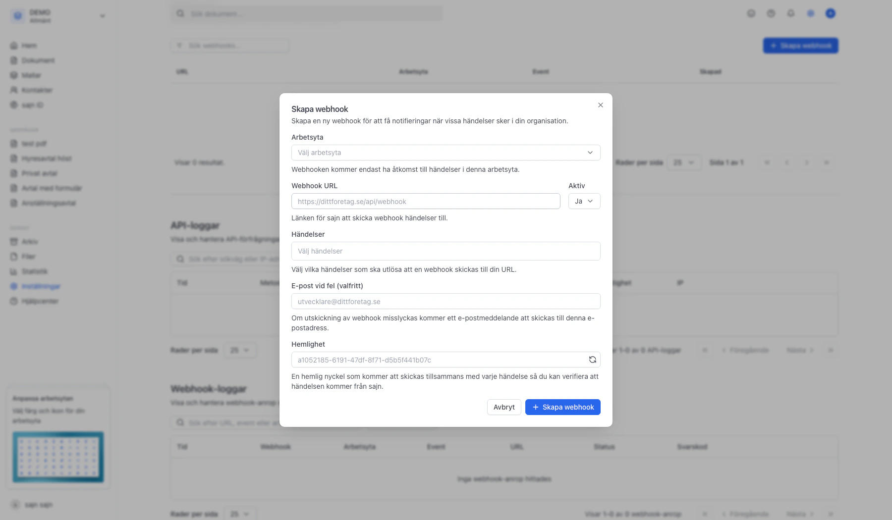 Dialogen Skapa webhook med fält för URL, arbetsyta och händelser
