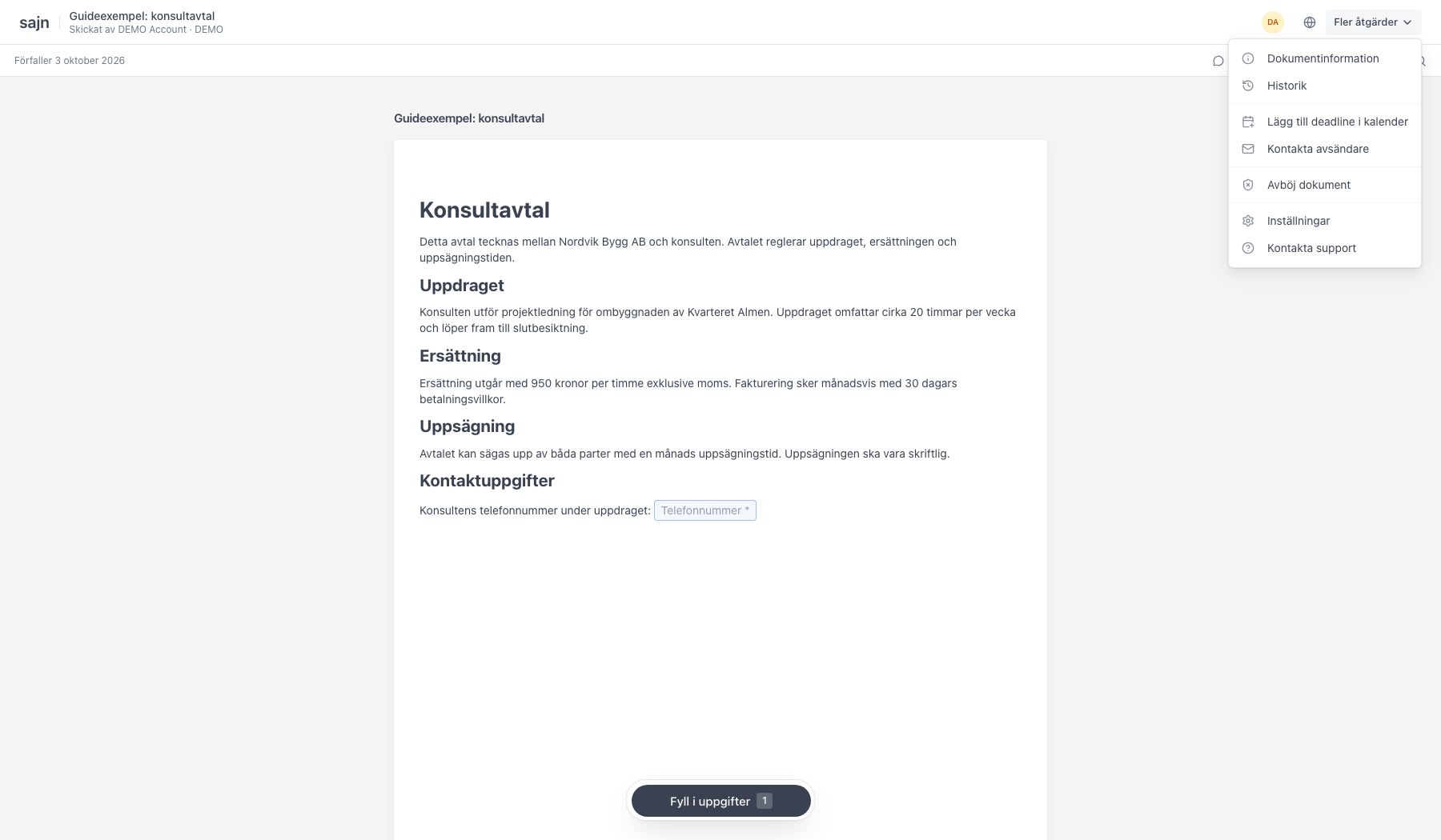 Menyn Fler åtgärder med dokumentinformation, historik, kontakta avsändare och avböj dokument